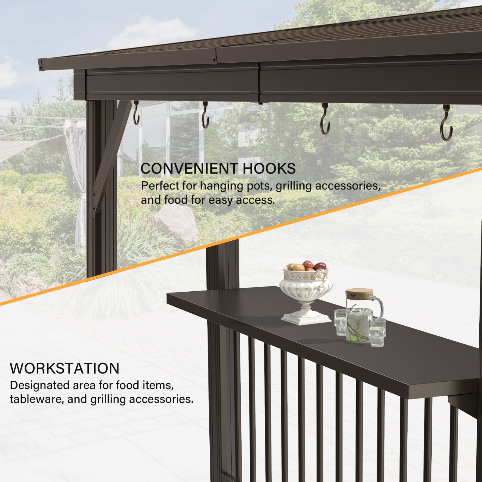 Domi Outdoor 6.5x12FT Hardtop Grill Gazebo w/2 Side Shelves &Ceiling Hook,Brown