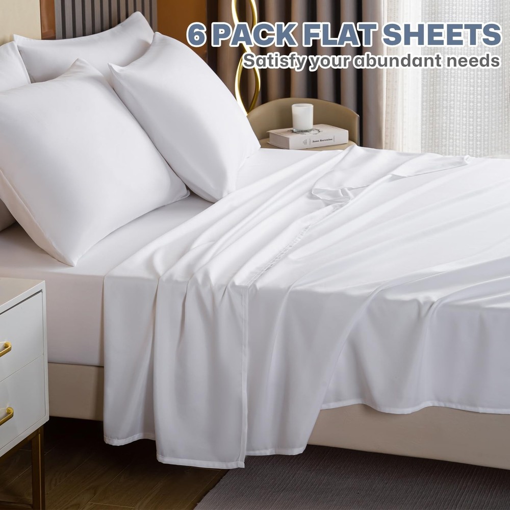 Twin Flat Sheets 6 Pack,White Brushed Microfiber Bed Sheets, Soft & Breathable B