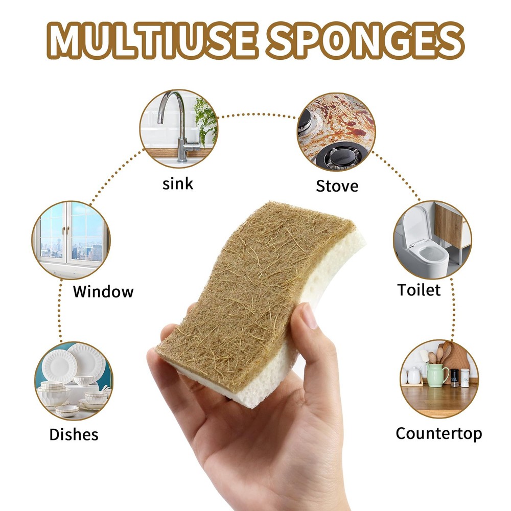 12 Pack Natural Kitchen Sponges, Biodegradable & Compostable | Non-Scratch Ce...