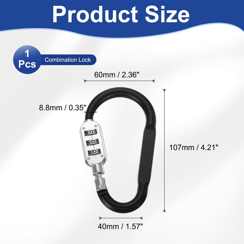 4.2 Inch Length Combination Locks, 3 Dial Digit Combo D-Ring Locking, Black