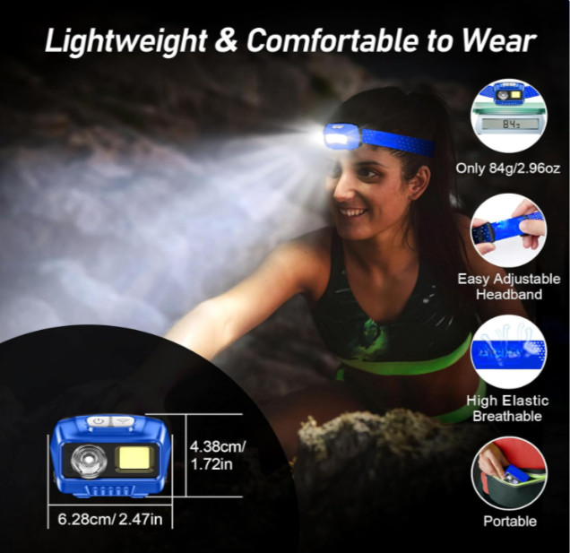 Linterna frontal LED 2000LM recargable, sensor movimiento, 8 modos IPX5, 2 pack