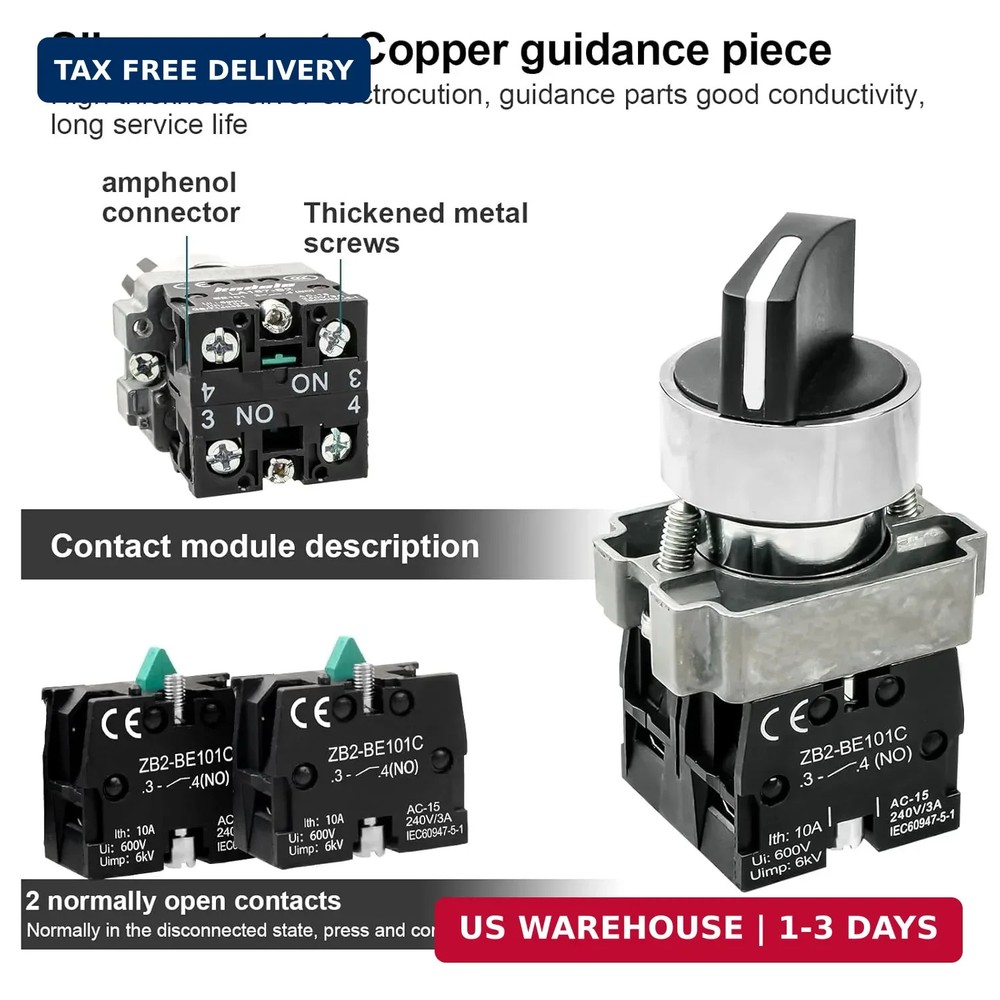 2Pack Black 3-Position Selector Switch 2NO Metal Head Switch Ith: 10A, Ui: 600V,