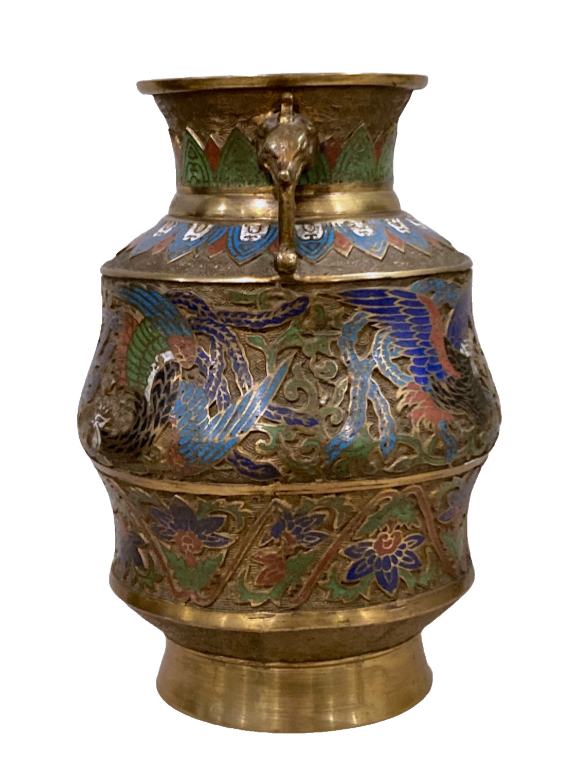 Antique Vintage Rare Shape Lrg Japanese Champleve Cloisonne Enamel Handled Vase