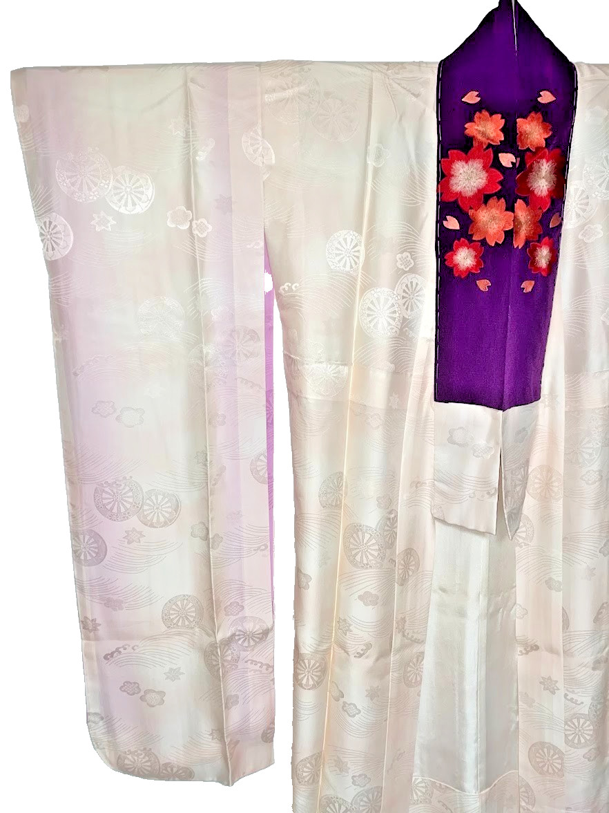 Vintage Silk Nagajuban For Furisode S 25.2in Yuki Japan Pink Sakura Kanoko