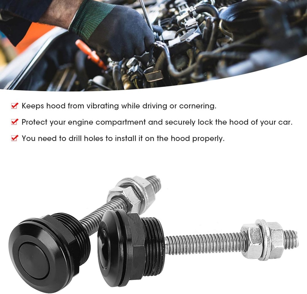 2Pcs Universal Hood Pin Bonnet Lock Quick Release Push Button 22mm, Black