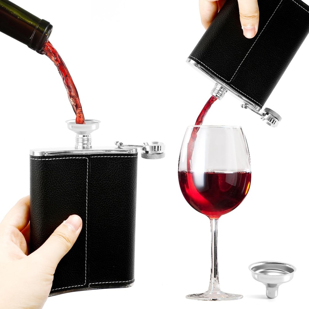2 Pack Hip Flasks for Liquor Black Lychee Pattern 8oz Stainless Steel Spillpr...