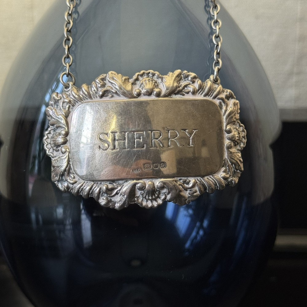 Hallmarked Sterling Silver SHERRY Decanter Label, 1978, London, Shell Pattern