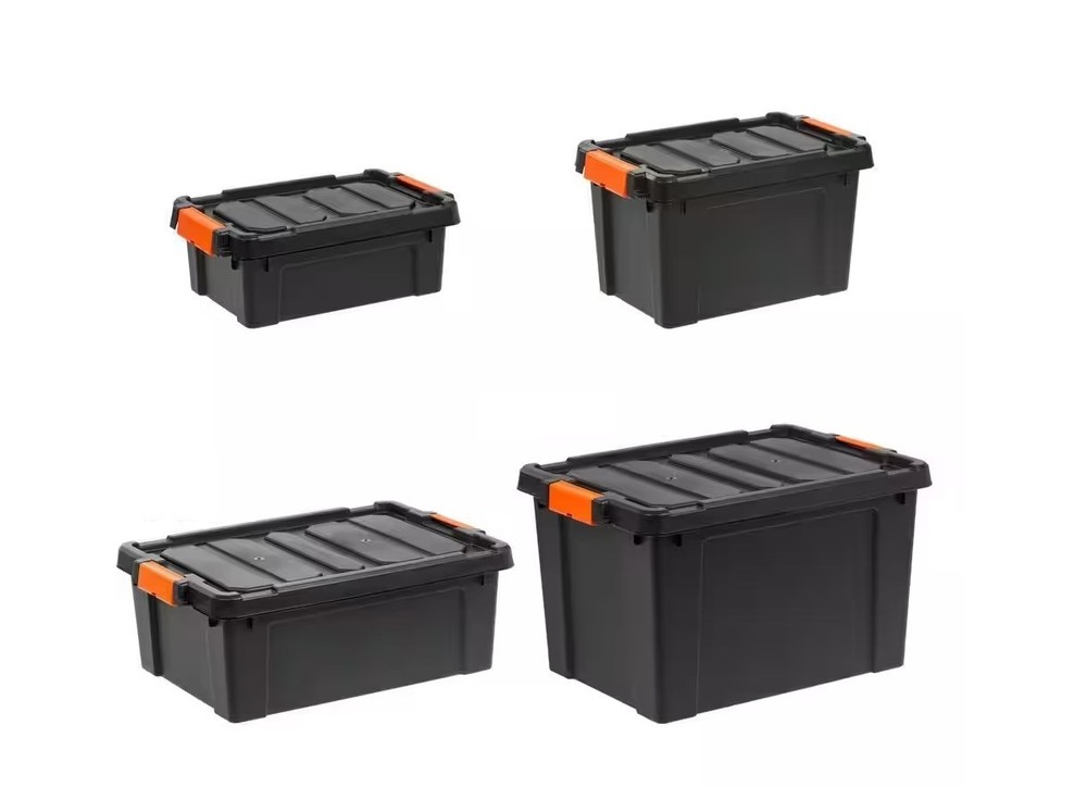 Heavy Duty Storage Tote Stackable Latching Lid Plastic Bin Black, Multiple Sizes