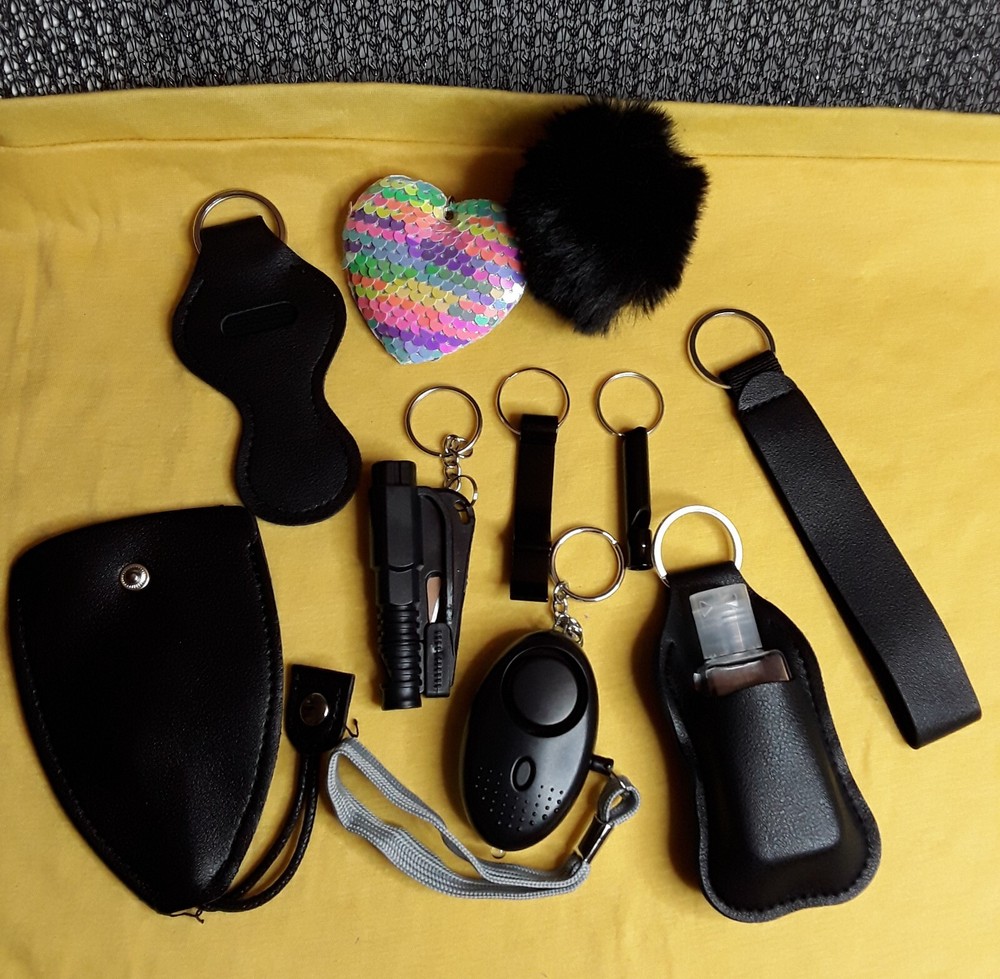 Key Chains, 11-pcs Black with Sequins Heart, W/panic/alarm button