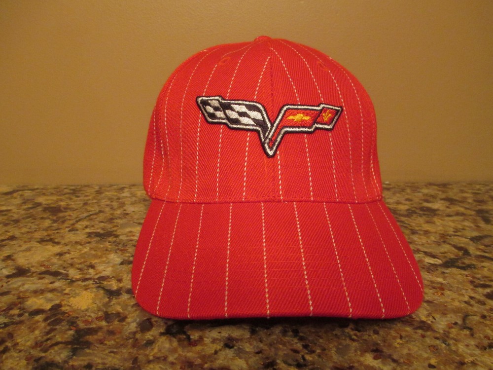 Red w/ White Pinstripes CORVETTE Hook & Loop Strap Baseball Hat - NWOT