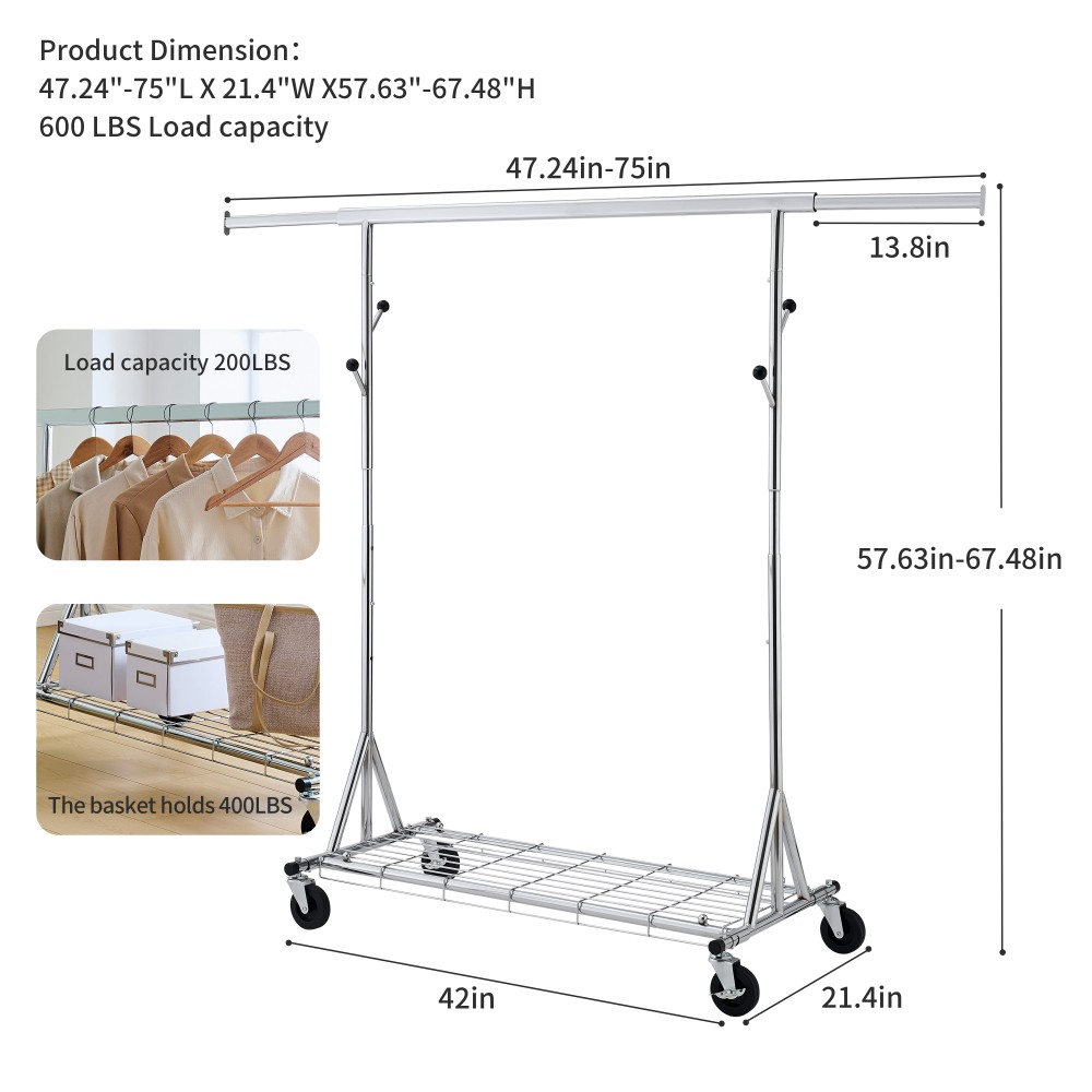 Silver Iron Heavy Duty Clothes Rack 600LBS Capacity Adjustable Rolling Garment