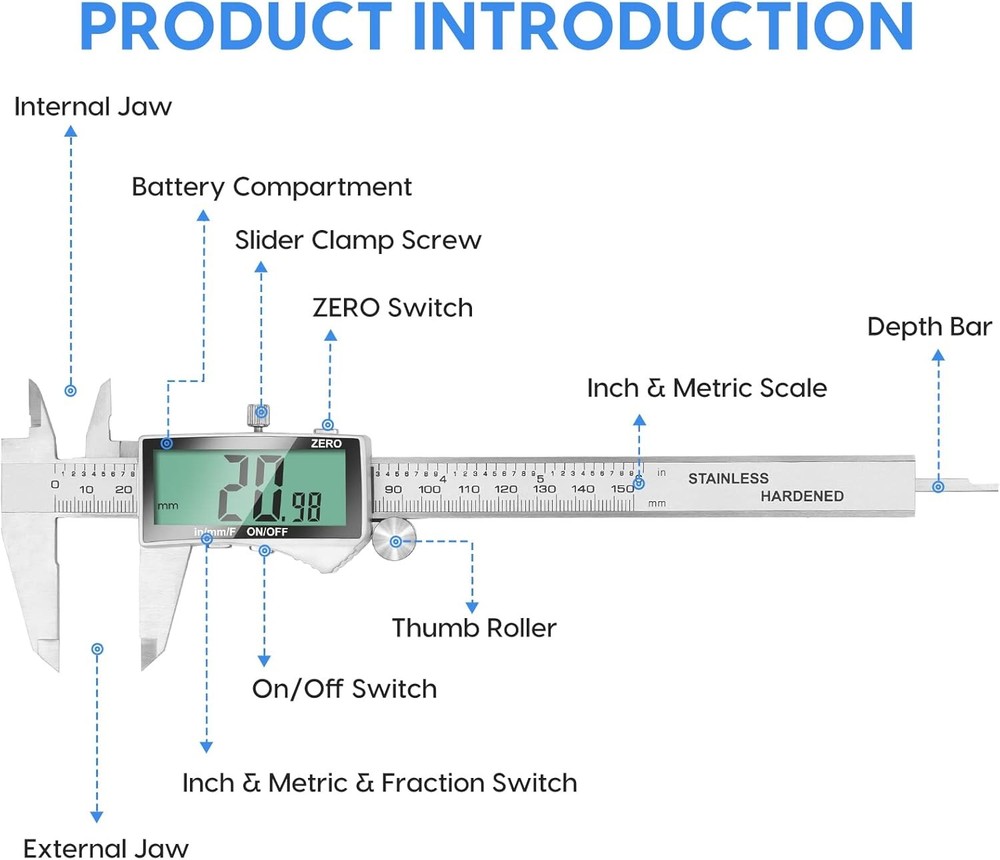 Digital Vernier Caliper, 6-inch measuring tool, featuring an LCD display