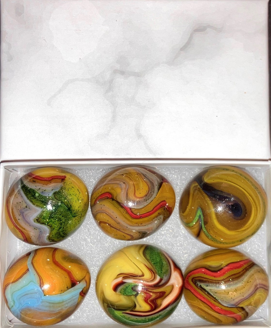 6 Jabo & D.A.S. Easter Eggs Marble Ingots Box Set Egg Marbles Yellow Glass Set C