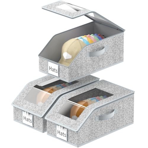 3 Pack Stackable Baseball Cap Organizer with Clear Lid - Foldable Hat Storage Bo