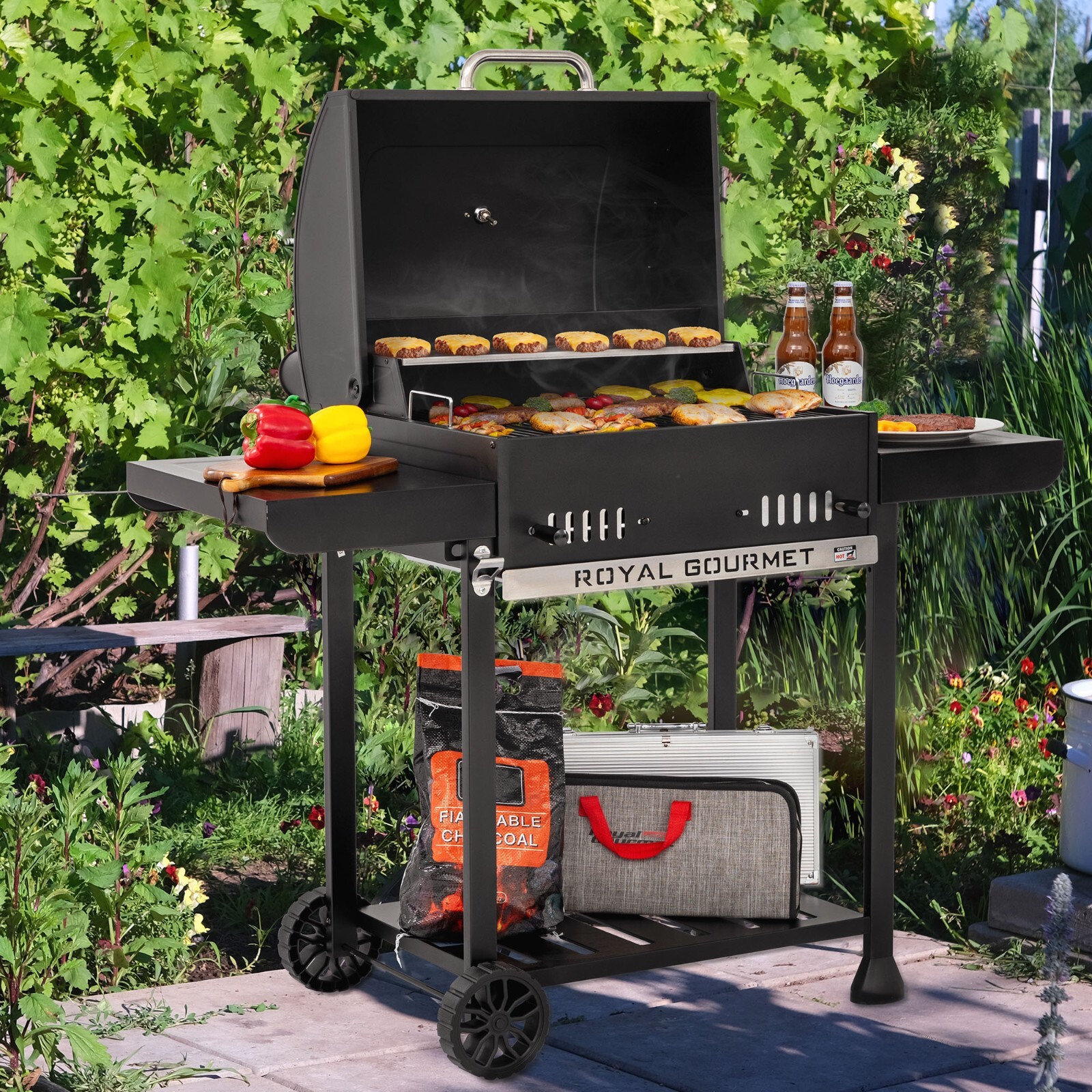 Royal Gourmet 24-Inch Movable Charcoal BBQ Grill with 2 Foldable Side Shelves