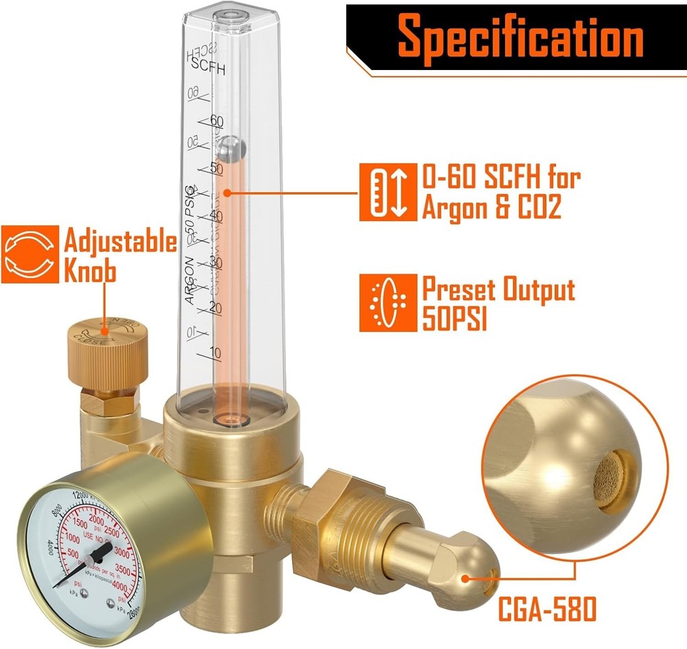 Adjustable Argon/CO2 Flow Meter Gas Regulator - Reliable Welding Gauge