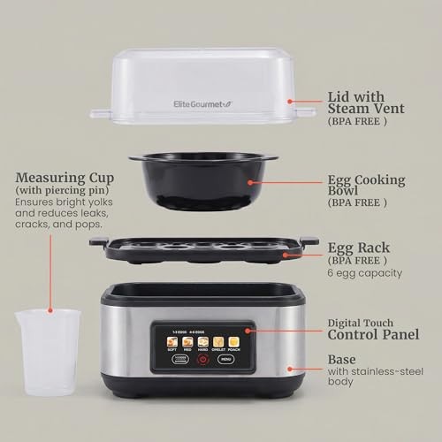 Digital Egg Cooker Capacity, Soft/Medium/Hard Boiled, 6 Egg Stainless Steel