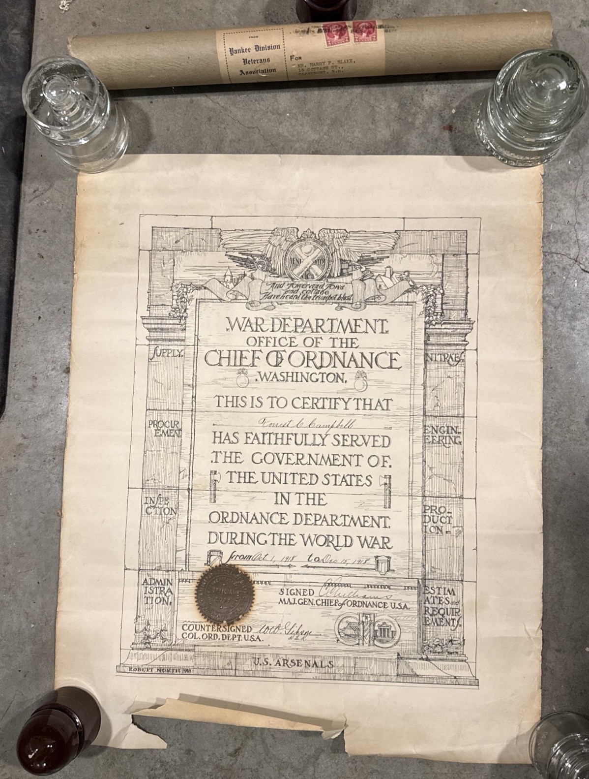 WWI US War Department Certificate of Service Forrest Campbell Chief of Ordnance