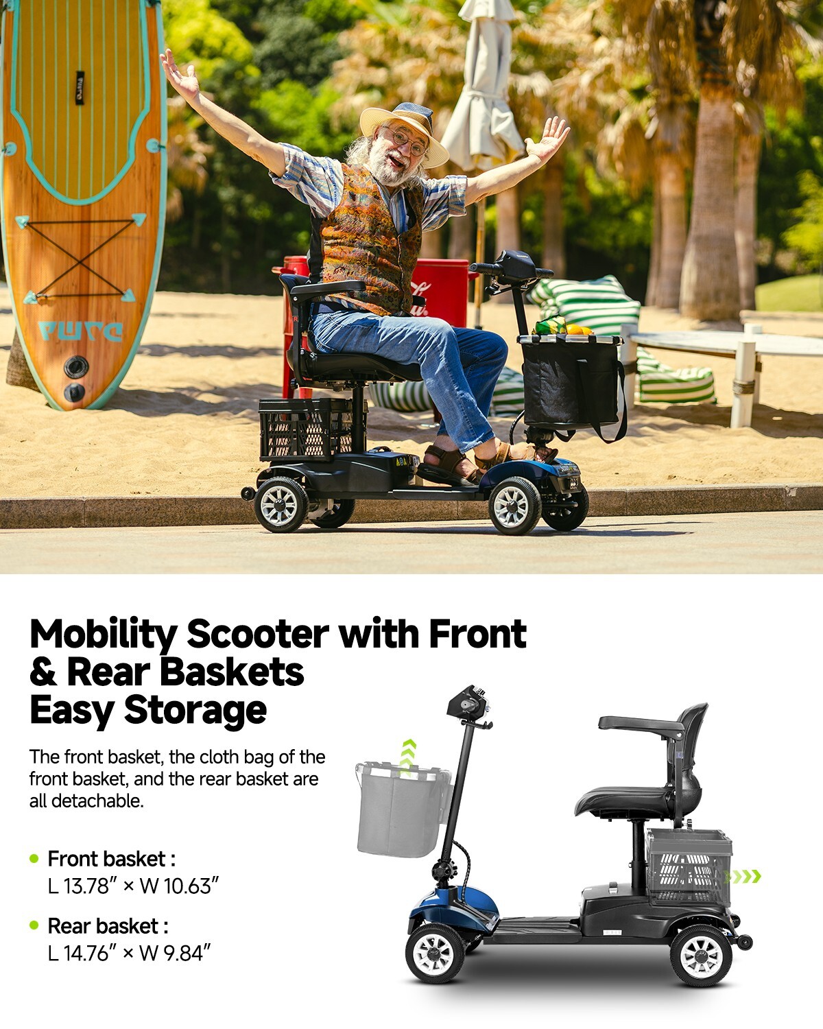 Mobility Scooters for Seniors Foldable with Dual Detachable Baskets 23 Miles