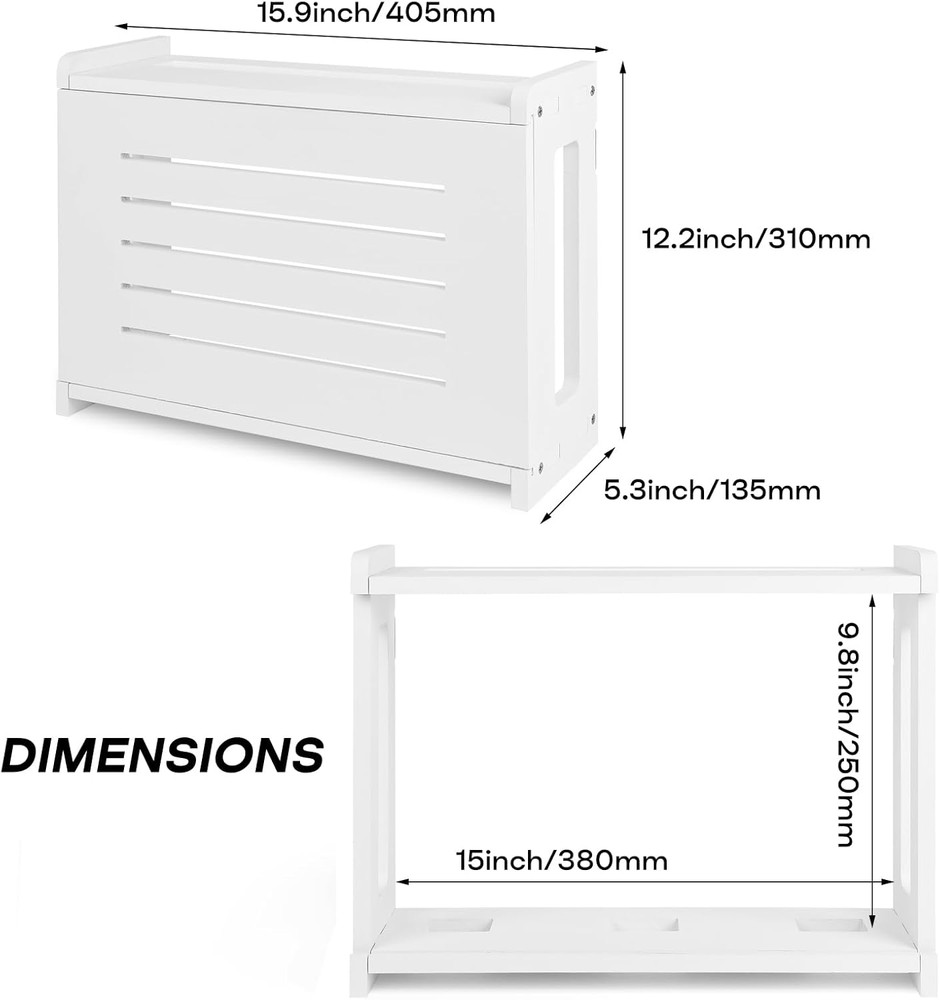 Wall-Mounted Router Shelf with Cable Management - Solid Wood, White Finish