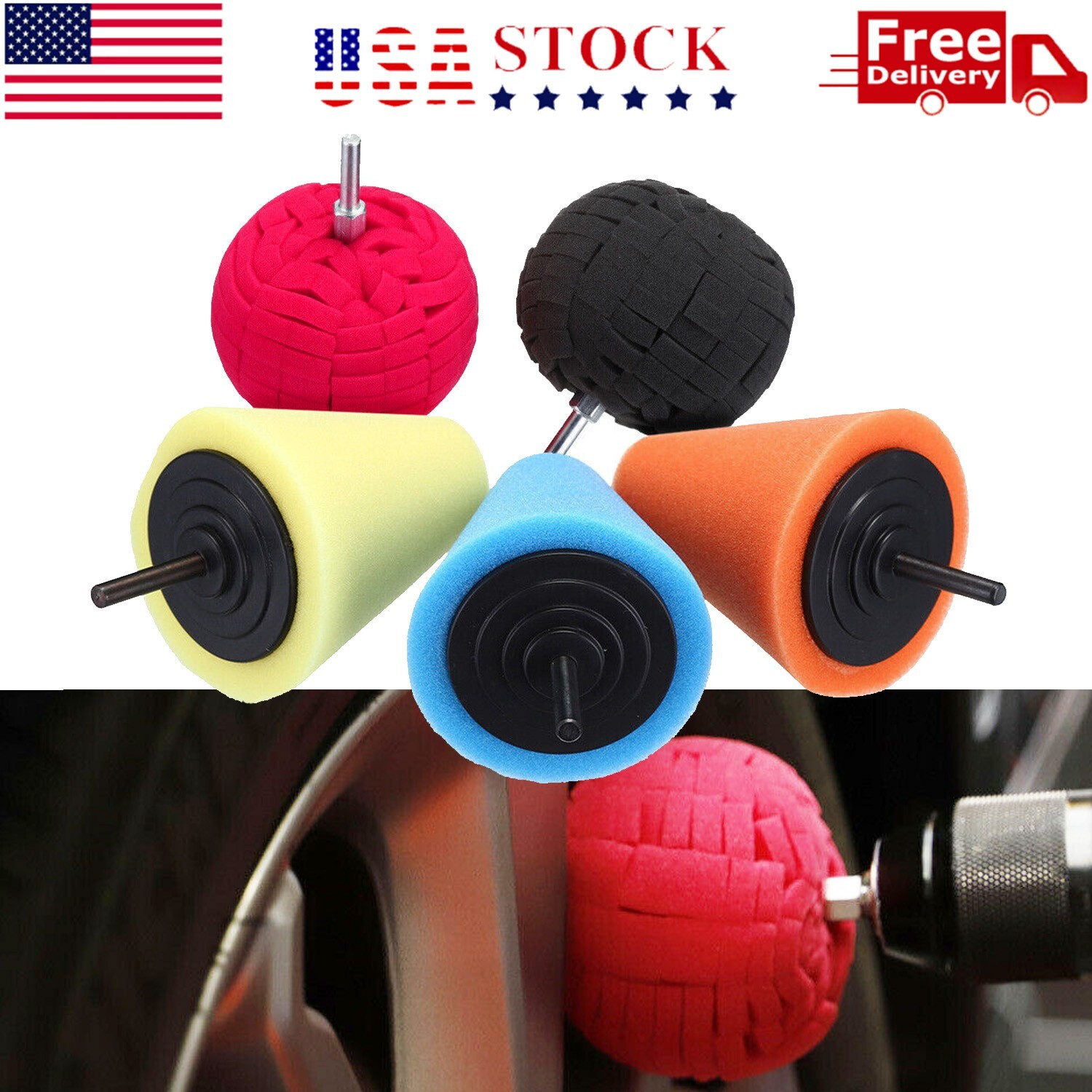 Foam Drill Polishing Cone Ball Pads Kit Car Hub Waxing Buffing Wheel Polisher 4"