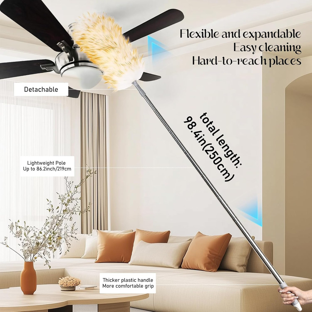 Lambswool Duster for Cleaning with Non-Slip Handle 98.4" Removable Retractable F