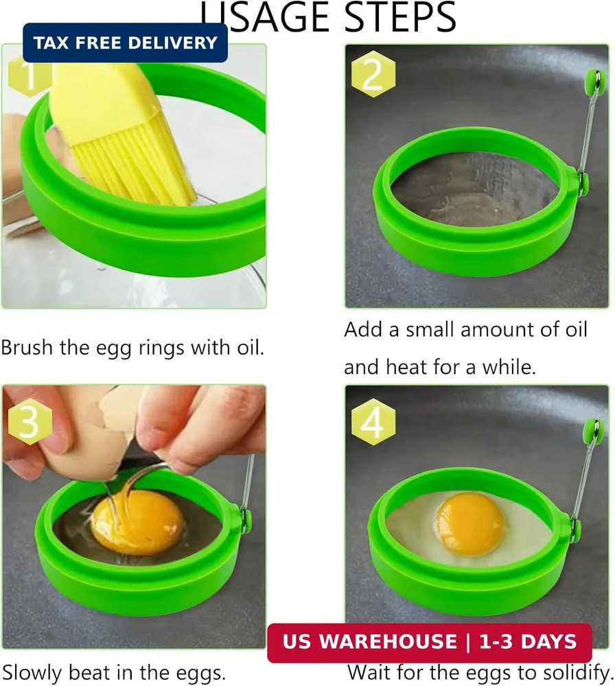 Egg Ring Set, Silicone Egg Ring Molds, Fried Egg Rings and Non-stick Egg Cooker