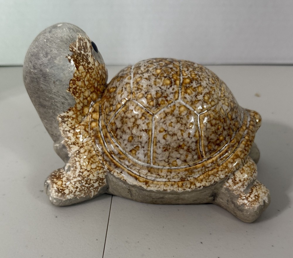 Ceramic Turtle Tortoise Figurine With Glazed Marbled Shell Clay Head Up