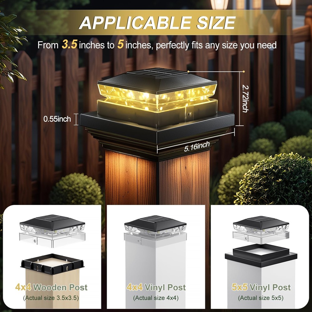 Solar Post Cap Light 6 Packs, Waterproof Fence 6pack, Black