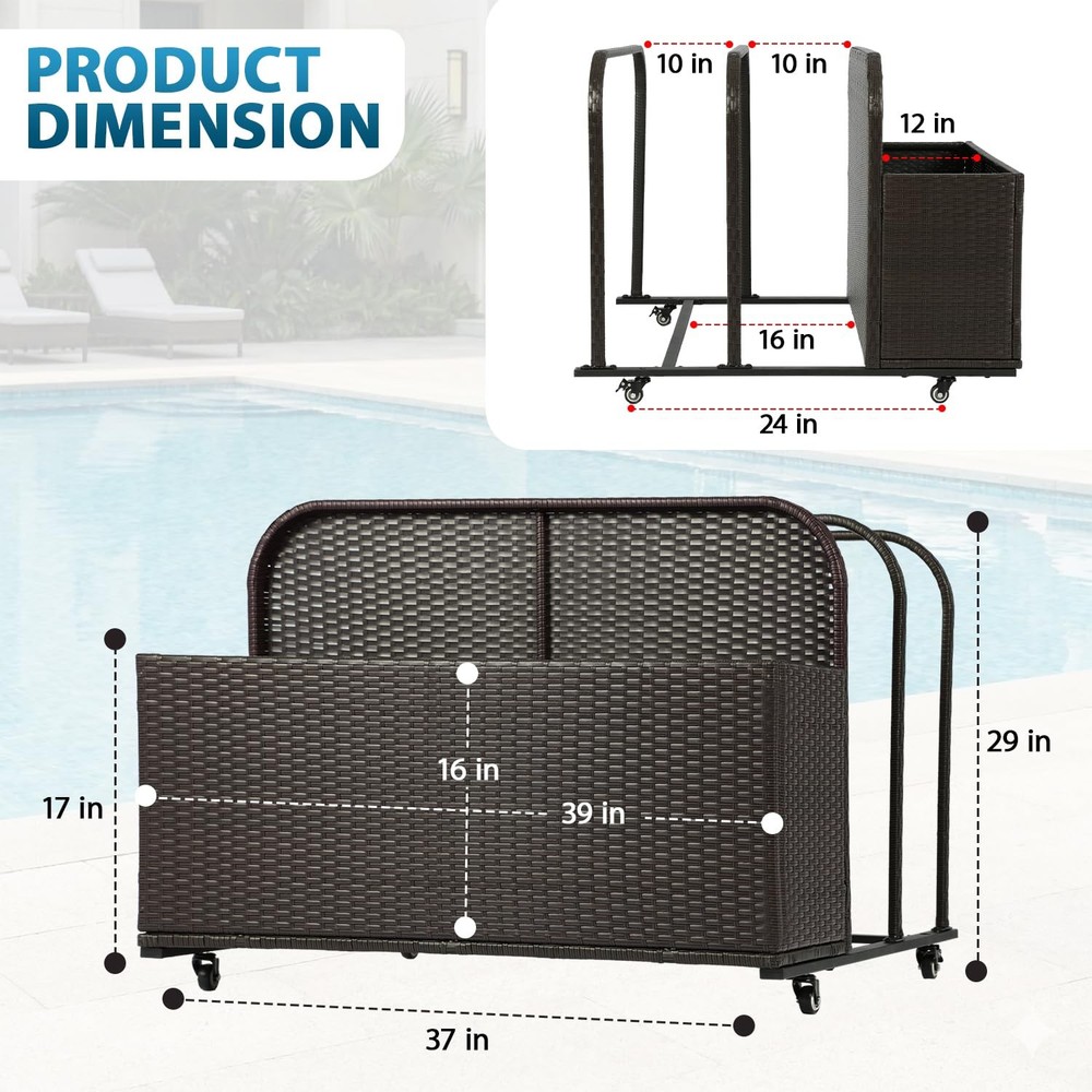 Pool Float Storage Poolside Storage Bin Holder Storage Rack with Wheels PE Ra...