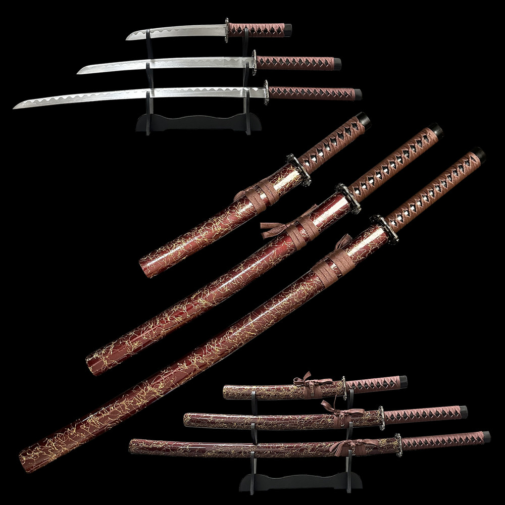 Brown Samurai Katana Sword Set 3PCS Japanese Decorative Display Unsharpened
