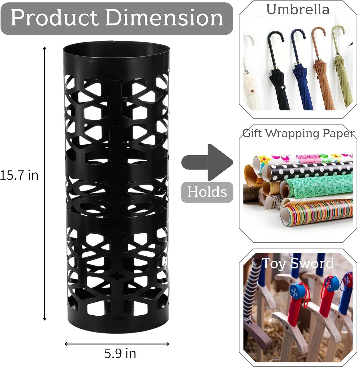 ZENFUN Umbrella Stand, Black Metal Umbrella Holder Freestanding, Cane Walk Stick