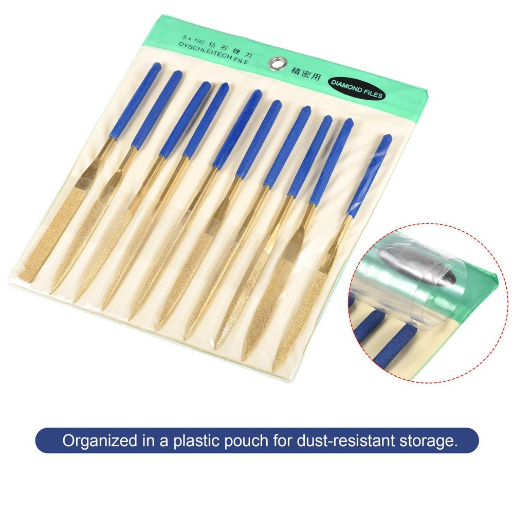 10pcs Diamond Needle File Set Titanium Coated Flat Half Round Triangle Square