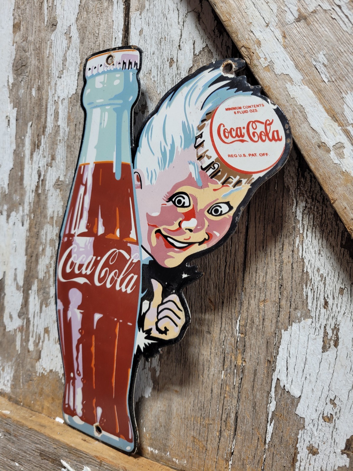VINTAGE COCA COLA PORCELAIN SIGN BOTTLE CAP BOY SODA COKE BEVERAGE FOOD STORE