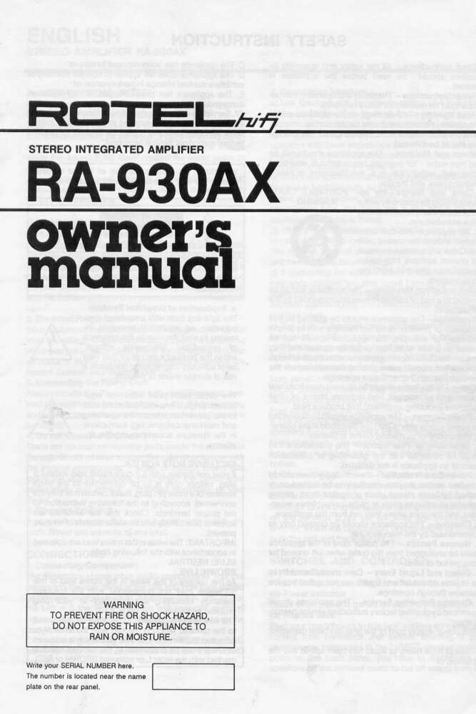 Rotel RA-930AX Amplifier Owners Manual