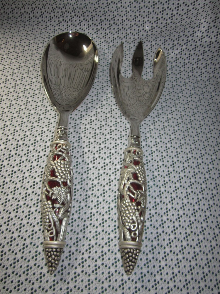 Neiman Marcus Silver Plate 2 Piece Ruby Red Handle Godinger Serving Spoon Fork