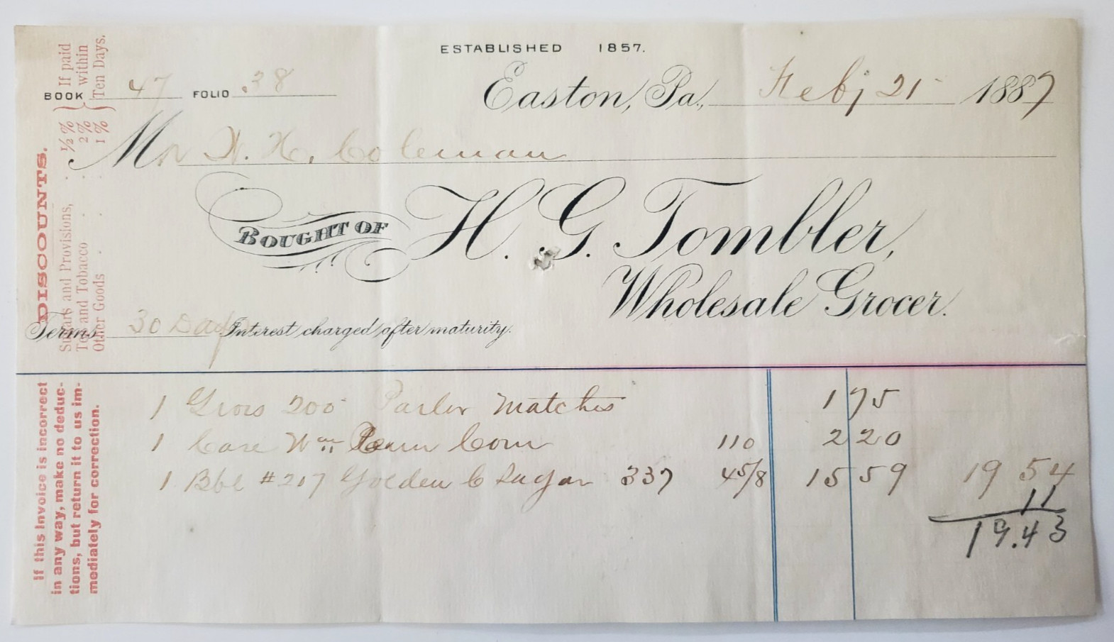 1887 Invoice, H.G. Tombler, Wholesale Grocer, Easton PA, To Mr. W. H. Coleman