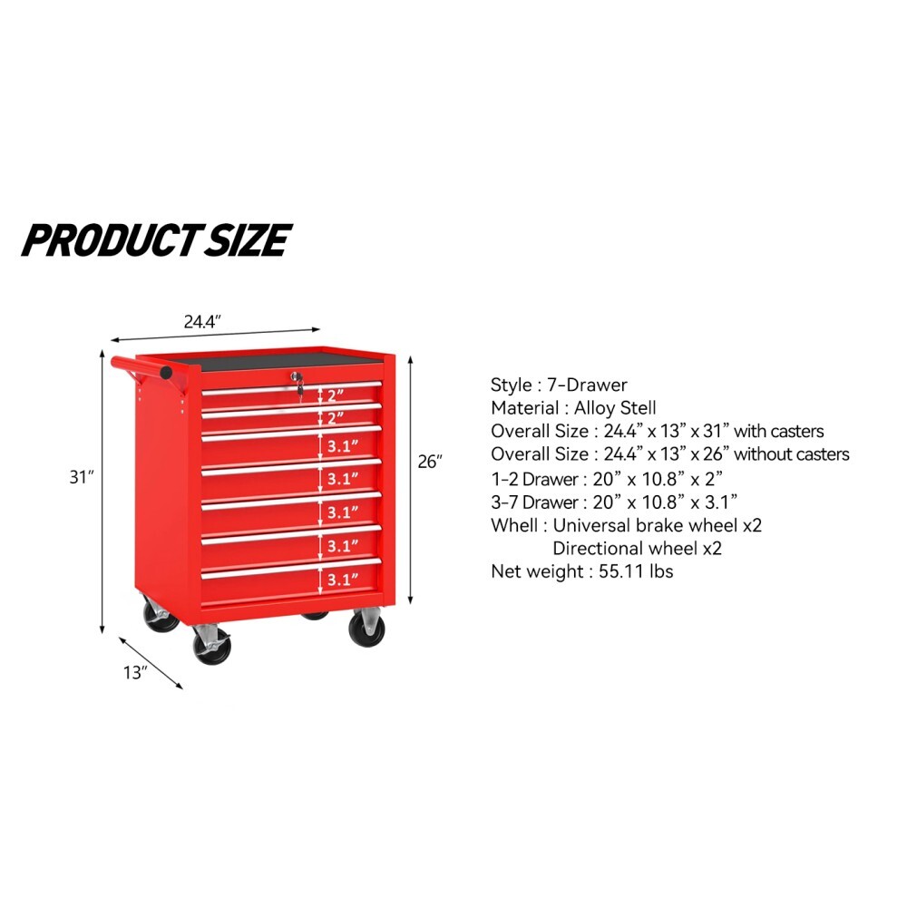 7 Drawers Rolling Tool Chest Tool Box Lockable Tool Storage Cabinet for Garage