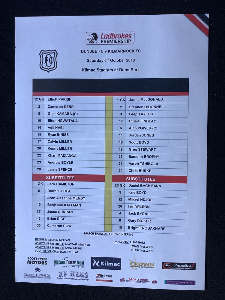 2018/19 Dundee v Kilmarnock October teamsheet