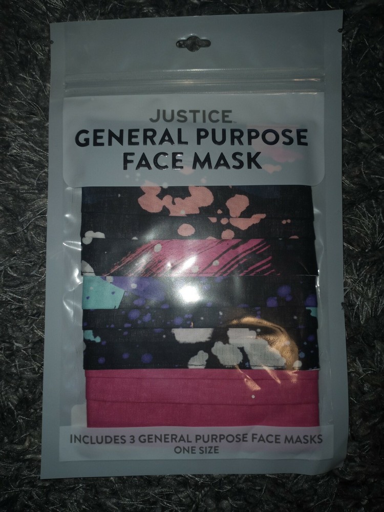 Justice 3pk reusable Face MAsk 2 paint splatter & 1 solid new