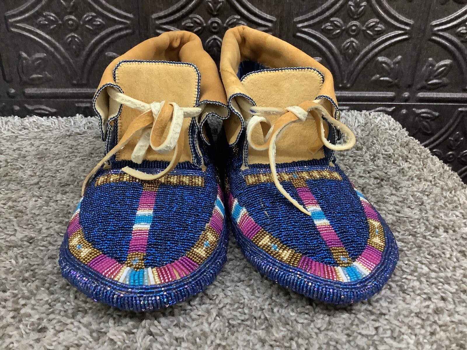 Native American Ute Tribe Fully Beaded Smoked Buckskin Ceremonial Moccasins