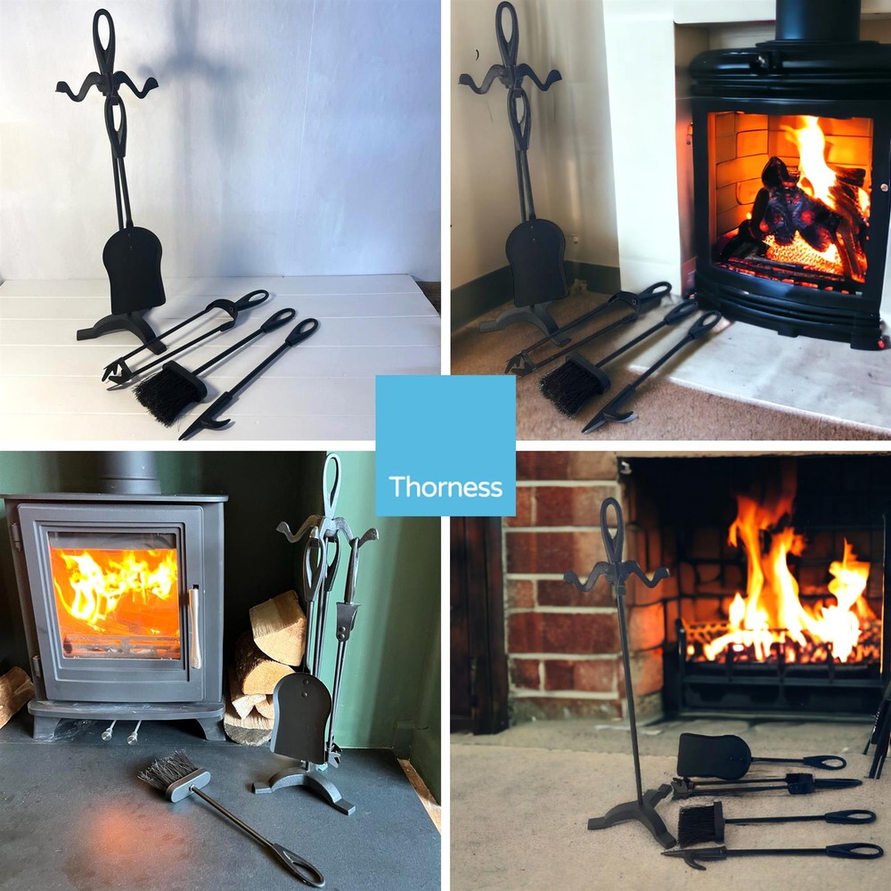 Large Five-piece metal black loop-handled Fireplace Companion Set