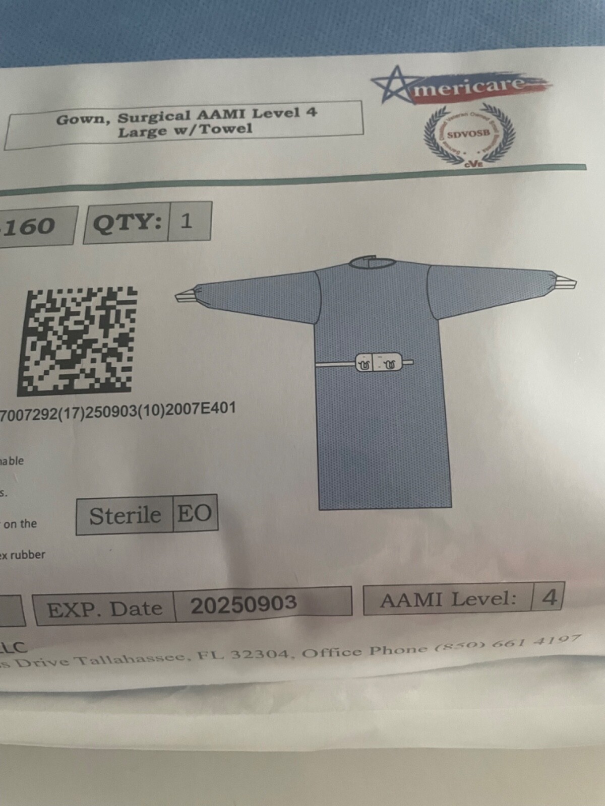 Sterile Blue Surgical Gown Size Large AAMI Level 4 w/ Hand Towel CSR Wrap 9/2025