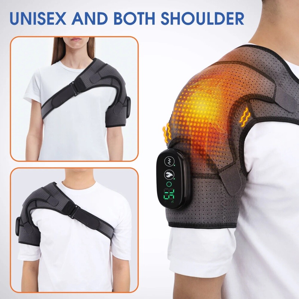 Heated Shoulder Wrap Brace Support with Vibration Heating Electric Massage Pad