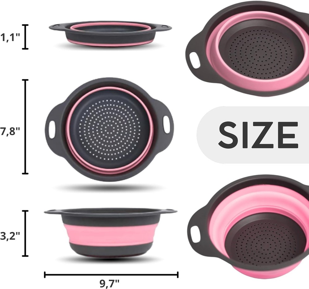 Pink Round Silicone Collapsible Kitchen Colander Plastic Handle Strainer