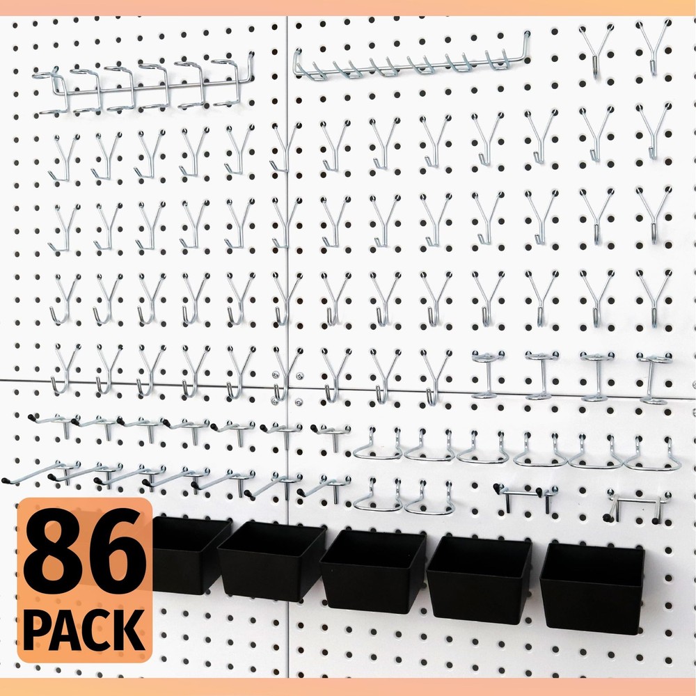 86 PC Pegboard Hooks Assortment with Pegboard Bins Garage Tool Organizer