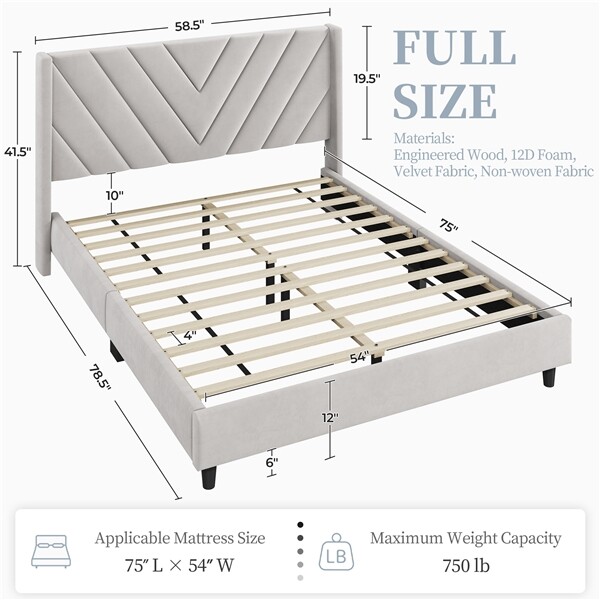 Full/Queen Upholstered Bed Frame with Wing Side Headboard, No Box Spring Needed