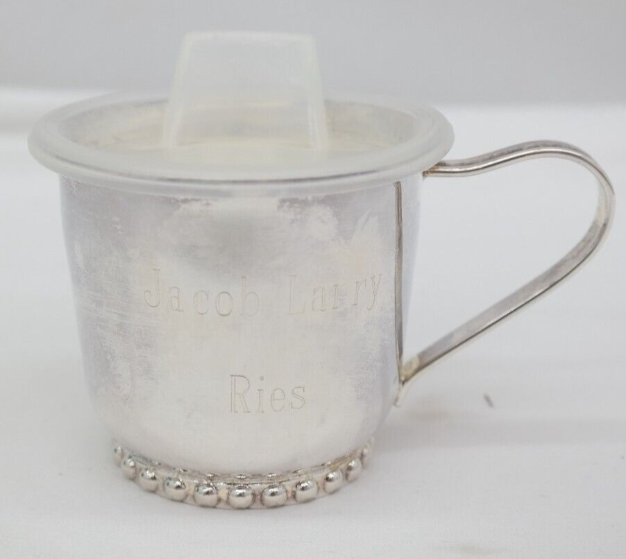 Vintage Towle Silverplate Etched Birth Record Baby Sippy Cup With Plastic Lid