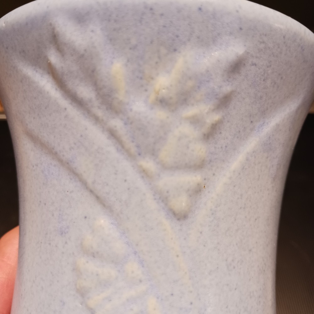 Vtg Ceramic Blue Speckled Vase, Leaf Design