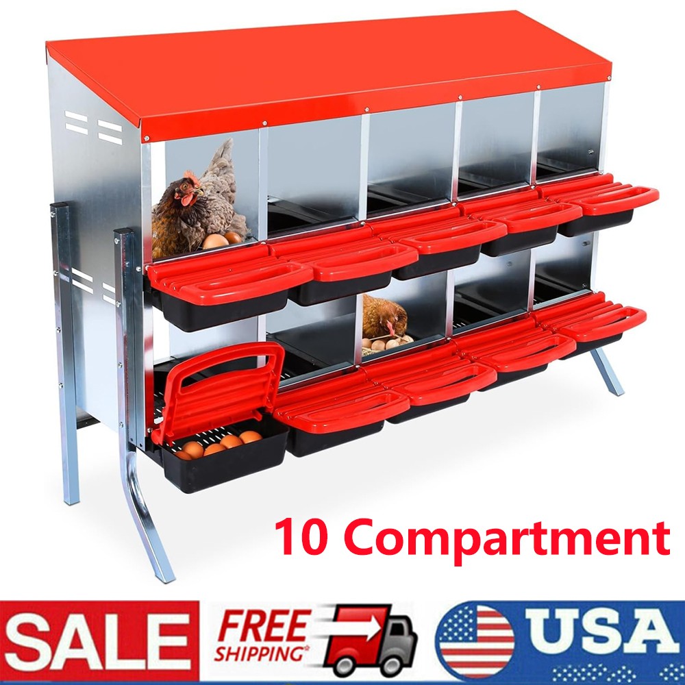 10 Compartment Chicken Nesting Boxes Coop Metal Chicken Egg Laying Box US